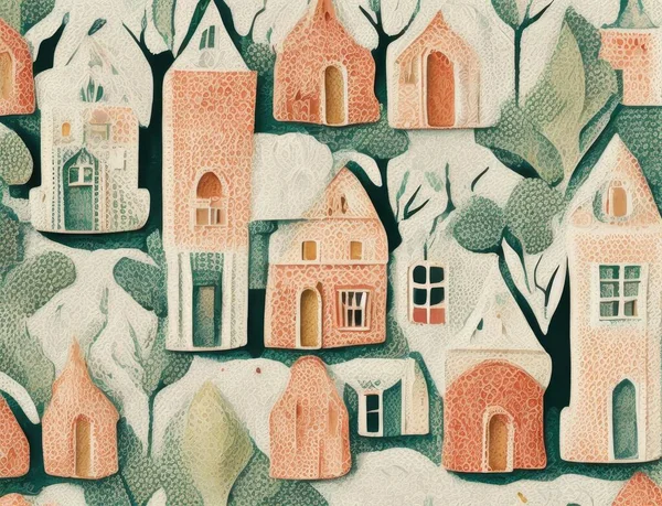 watercolor illustration of a house with a pattern of houses and a little village