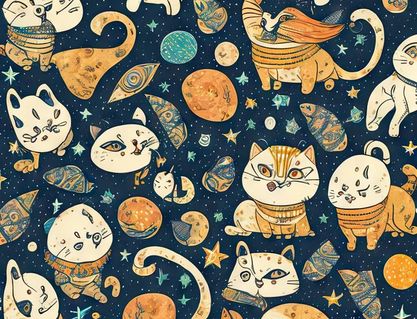 cute cat with moon and stars, vector illustration