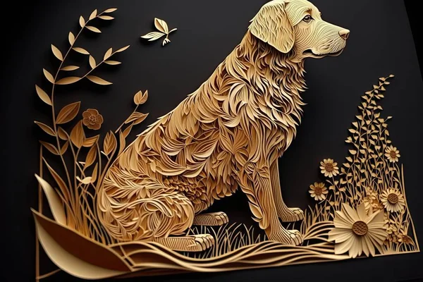 golden retriever dog with gold crown on black background