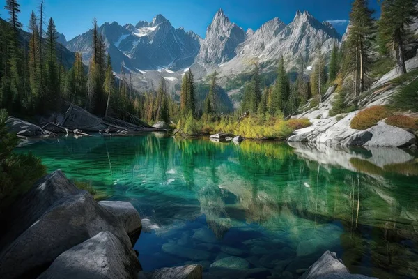 beautiful landscape of the mountain range in the lake.