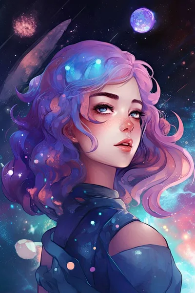illustration of a girl with a cosmic pattern
