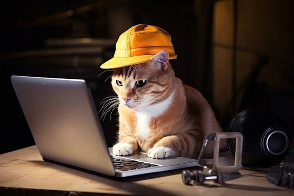 cat with laptop and hat on the table