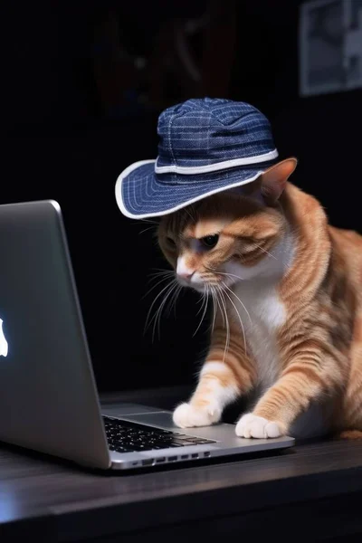cat with a laptop on the table