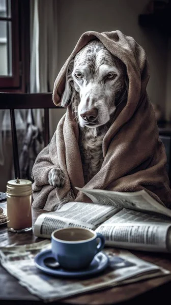 cute dog in the room with a cup of coffee