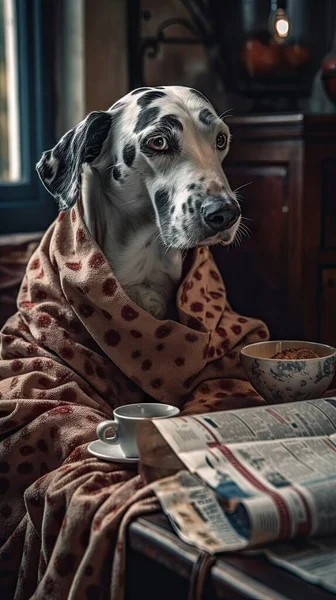dog in the room with a cup of coffee