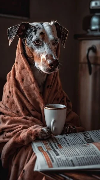 cute dog with cup of tea on sofa at home