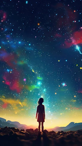 woman with backpack on the background of the starry sky