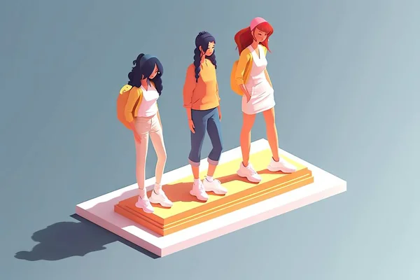 isometric 3d illustration of a young woman with a backpack and a bag of coffee