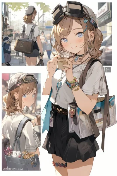 cartoon illustration of a beautiful girl with a bag