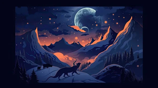 illustration of a wolf with a moon in the night sky