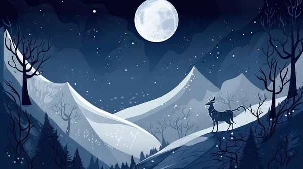 illustration of a deer with a moon in the night sky