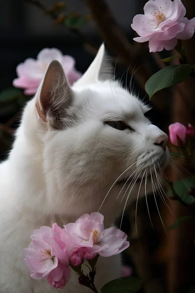 white cat with flowers on a black background