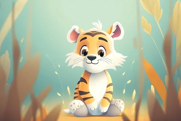 cute cartoon tiger with a big eyes of flowers and a green leaves on a blue background