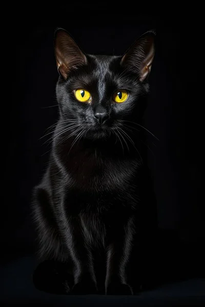 black cat with yellow eyes and black eyes on a black background. portrait of a cat with yellow eyes.