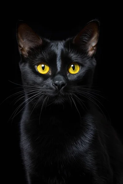 portrait of a black cat with yellow eyes, black eyes, black eyes, black eyes, dark background
