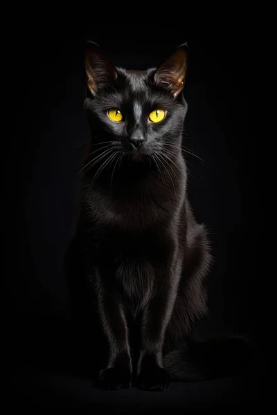 beautiful black cat with yellow eyes on the black background