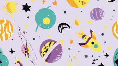 Elle çizilmiş kusursuz desen. renkli soyut arkaplan, yıldızlar, gezegenler ve gezegenler.