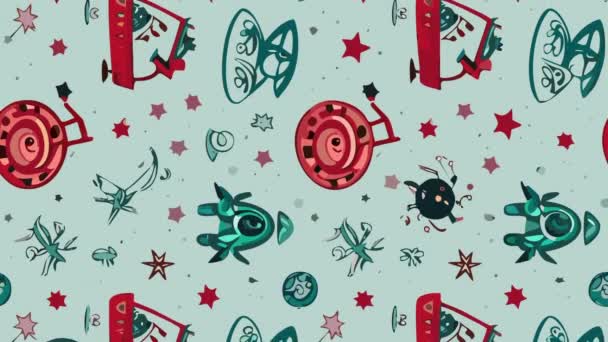 Рождество Бесшовный Узор Рождественскими Украшениями Звезды Красном Фоне — стоковое видео