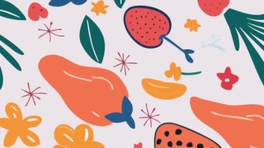 Elle çizilmiş tropikal yapraklar ve meyvelerle kusursuz bir şekil. yaz arkaplanı.