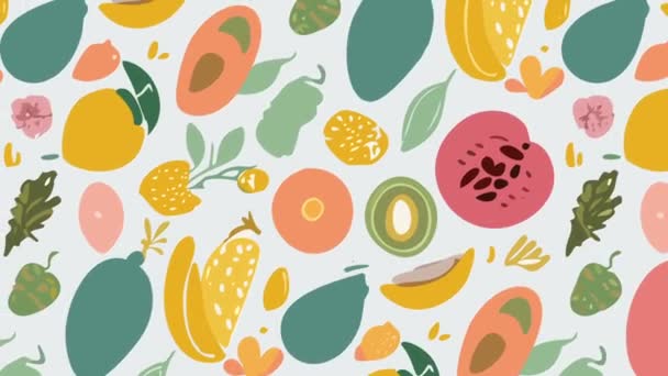 Modello Senza Soluzione Continuità Frutti Bacche Foglie Frutti Illustrazione Vettoriale — Video Stock