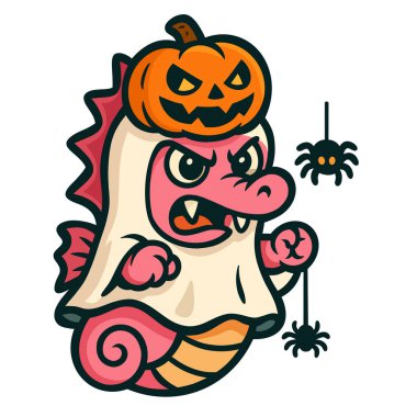 Cadılar Bayramı kostümü giymiş ve elinde iki örümcek tutan sevimli bir dinozor..