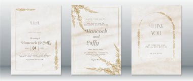 Altın düğün davetiyesi şablonu altın yapraklı çelenk çerçeveli ve suluboya arka planlı lüks tasarım.