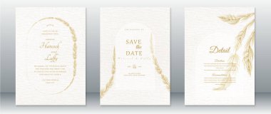 Altın düğün davetiyesi şablonu altın yapraklı çelenk çerçeveli ve suluboya arka planlı lüks tasarım.