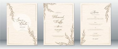 Zarif düğün davetiyesi, yaprak ve suluboya arkaplanlı doğal tasarım tasarımı.