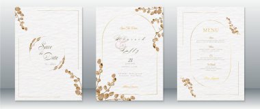Düğün davetiyesi, altın çerçeveli ve suluboya arka planlı doğa tasarımı şablonu.