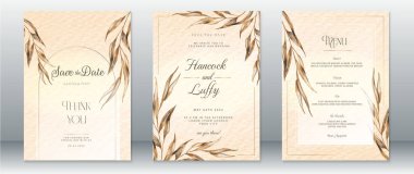 Altın düğün davetiyesi, altın yapraklı ve suluboya arkaplanlı lüks tasarım tasarımı.
