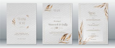 Altın düğün davetiyesi şablonu altın yapraklı çelenk çerçeveli ve suluboya arka planlı lüks tasarım.
