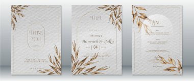 Altın düğün davetiyesi şablonu altın yaprak çerçeve ve suluboya arka plan lüks tasarım
