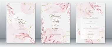 Zarif düğün davetiyesi, yaprak ve suluboya arkaplanlı doğal tasarım tasarımı.