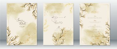 Düğün davetiyesi, yeşil yapraklı ve suluboya arkaplanlı altın desenli.