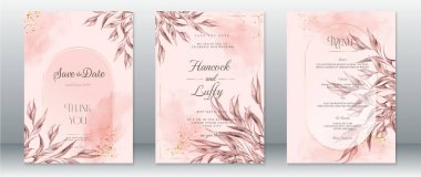 Düğün davetiyesi şablonu, altın çerçeveli ve suluboya arka planlı pembe yaprak tasarımının zarif bir şablonu
