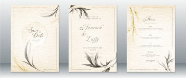 Düğün davetiyesi, altın çerçeveli ve suluboya arka planlı doğa yaprağı tasarımı şablonu. 