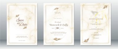 Düğün davetiyesi şablon mermer tasarım lüks altın çerçeveli ve doğa yaprağı 