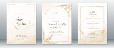 Doğa yaprağı ve suluboya arka planının altın çerçeveli şablonu ile zarif bir düğün davetiyesi şablonu