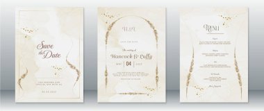 Doğa yaprağı ve suluboya arka planının altın çerçeveli şablonu ile zarif bir düğün davetiyesi şablonu