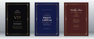 Düğün davetiyesi şablonu altın çerçeveli ve zarif koyu arkaplanlı lüks tasarım.