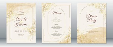 Lüks düğün davetiyesi şablonu altın çerçeveli ve gül buketi altın desenli.    
