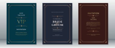 Altın süslü kenarlar ve klasik serif tipografisi içeren bir dizi klasik düğün kartı. Tarihi Kaydet, VIP daveti ve Gelin ve Damat duyurusunu içerir. Resmi ve zamansız düğün temaları için mükemmel.