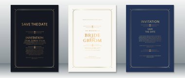 Lüks bir düğün davetiyesi seti ve içinde minimalist altın çizgiler ve geometrik sınırlar bulunan tarihi kaydeden kartlar. Üst düzey düğün etkinlikleri için klasik lacivert, fildişi rengi beyaz ve siyah arka planda tasarlandı..