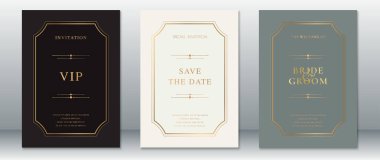 Üzerinde siyah, krem rengi ve sessiz yeşil arka planlar bulunan altın kıvrımlı sınır tasarımları olan bir düğün davetiyesi seti. Bir VIP kartı, bir tarihi kaydet, ve bir gelin ve damat kartı, zarif ve resmi düğün duyuruları için mükemmel..