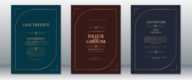 Koyu arkaplanlarda minimalist altın çizgiler bulunan zarif bir düğün davetiyesi şablonu. Düğün duyuruları, tarihi kaydetme kartları ya da resmi etkinlik davetiyeleri için mükemmel. Tamamen düzenlenebilir ve yazıcıya hazır, sofistike