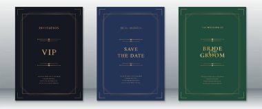 Rafine altın çizgileri ve koyu arkaplan renkleri olan asgari düğün davetiyeleri. VIP etkinlikleri, düğünler ve tarihi kaydetme anonsları için modern tasarım. Zarif ve resmi törenler için ideal..