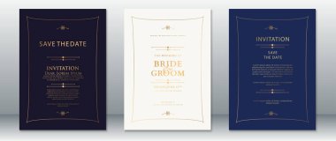 Donanma, krema ve koyu altınlar üzerinde eğimli altın kenarlı zarif ve zarif bir düğün davetiyesi seti. Lüks düğünler için ideal. Tarih kartlarını, cevap şablonlarını ve resmi etkinlik duyurularını kaydet..
