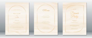 Yumuşak krem mermer arka planı ve zarif altın kemer kenarlı düğün davetiyesi. Düğün davetiyesi, yemek partisi ve menü tasarımını minimalist ve lüks bir şekilde içeriyor. Modern romantik düğünler için mükemmel..