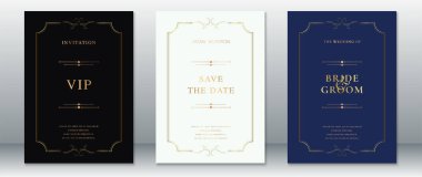 Siyah, krem ve klasik altın çerçeveli donanma tonları içeren zarif düğün davetiye şablonları. Randevuyu, VIP davetiyeleri ve şık düğün ilanları için ideal..