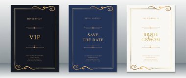 Siyah, lacivert ve altın tipografi ve sınırlı krema içeren minimal ve zarif bir düğün davetiyesi seti. VIP daveti, randevu kartı ve gelin ve damat tasarımı içerir. Resmi ve lüks etkinlikler için mükemmel.